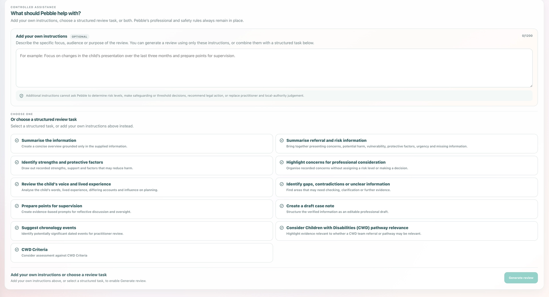 Structured review tasks in Pebble Capture and Review, including summarising information and identifying gaps